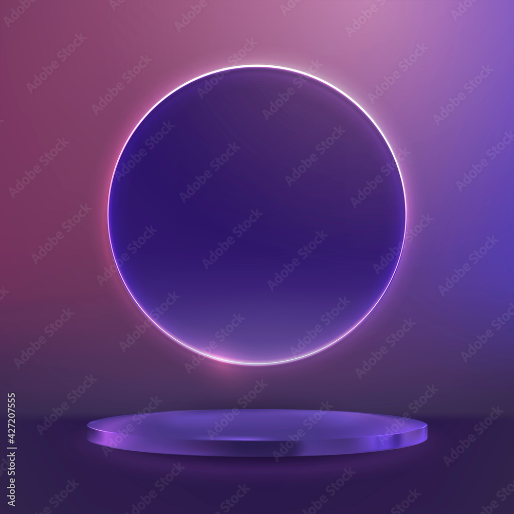 Purple product display podium with a pink neon ring in modern style