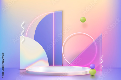 3D holographic product display with podium and neon rings