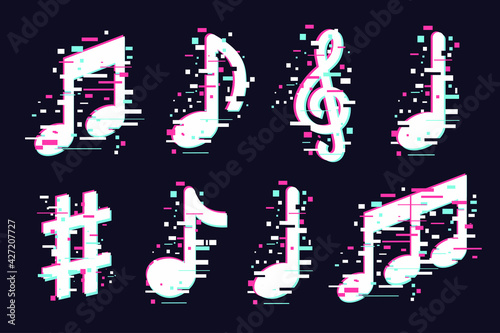 Music notes icons set. Vector musical signs. Modern sound concept, trendy illustration. Glitch style symbols collection.