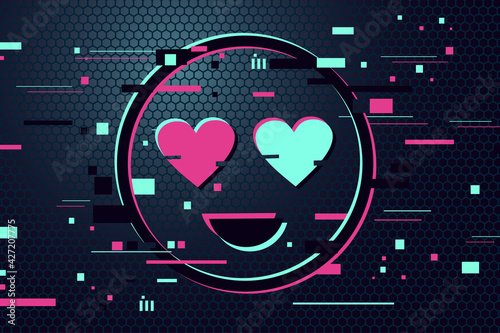 Love icon. Glitch style vector background with cartoon face. Neon color face with hearts in the eyes. Gamer illustration.