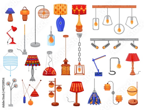 Interior light, lamp types, electric decoration isolated on white, glass lighting, design, cartoon style vector illustration.