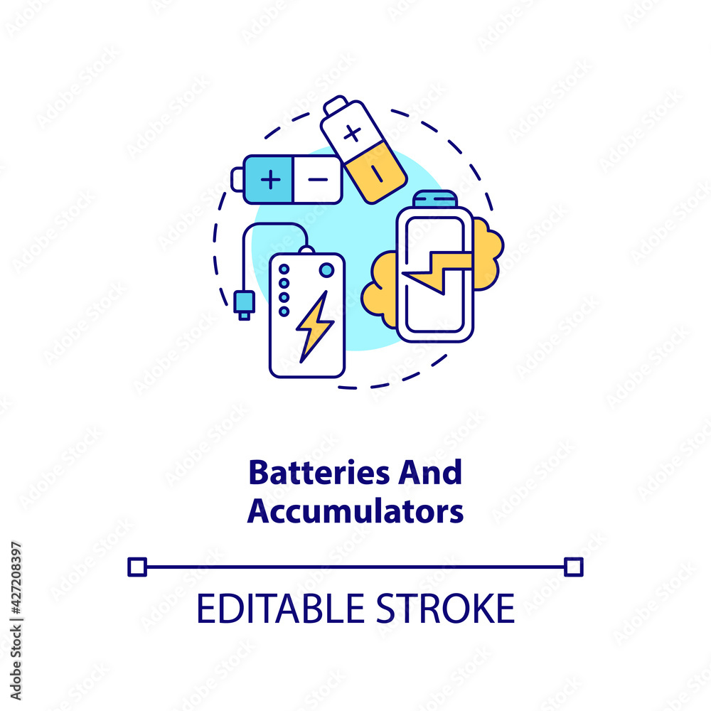 Batteries and accumulators concept icon. E-waste type idea thin line illustration. Hazardous substances risk. Mercury containing components. Vector isolated outline RGB color drawing. Editable stroke