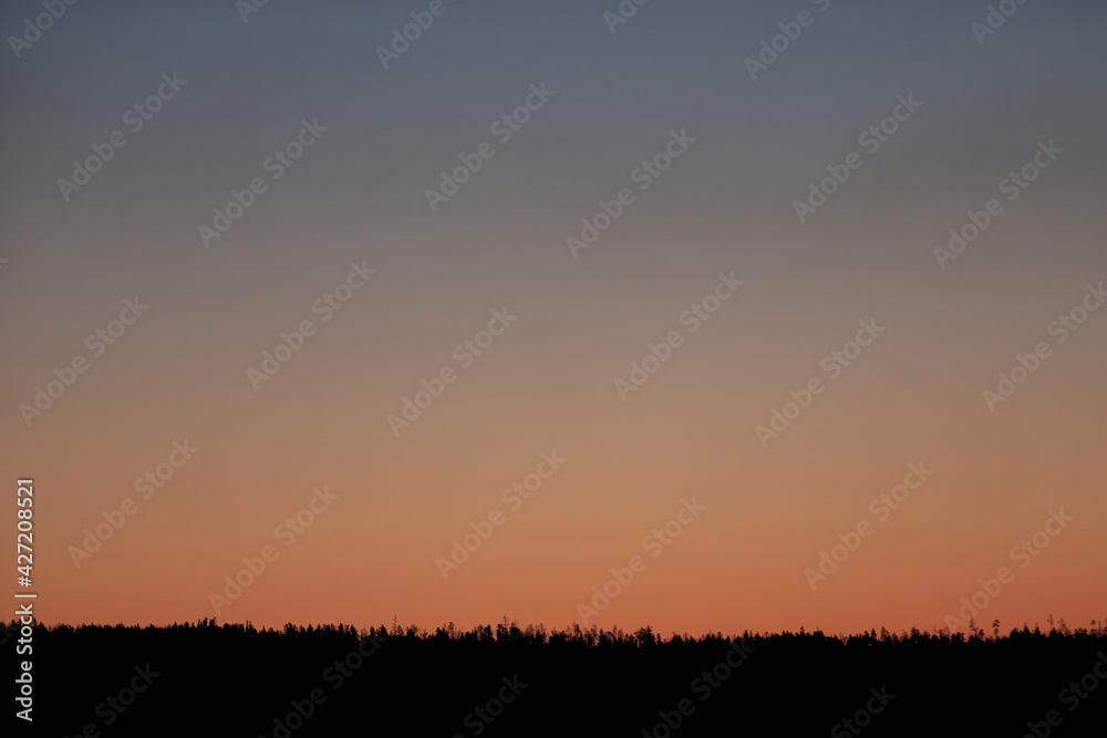 Clear sunrise or sunset sky with a smooth gradient of colors. Dark silhouettes of the forest. Clear sunrise or sunset sky with a smooth gradient of colors. Dark silhouettes of the forest.