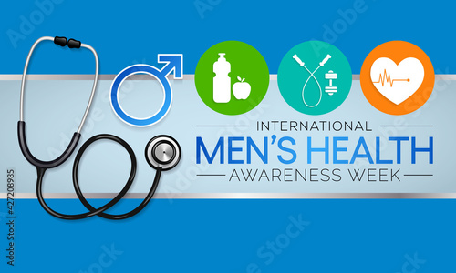 Men's health week is observed every year in June, it is used to raise awareness about health care for men and focus on encouraging boys to practice and implement healthy living decisions. Vector art.