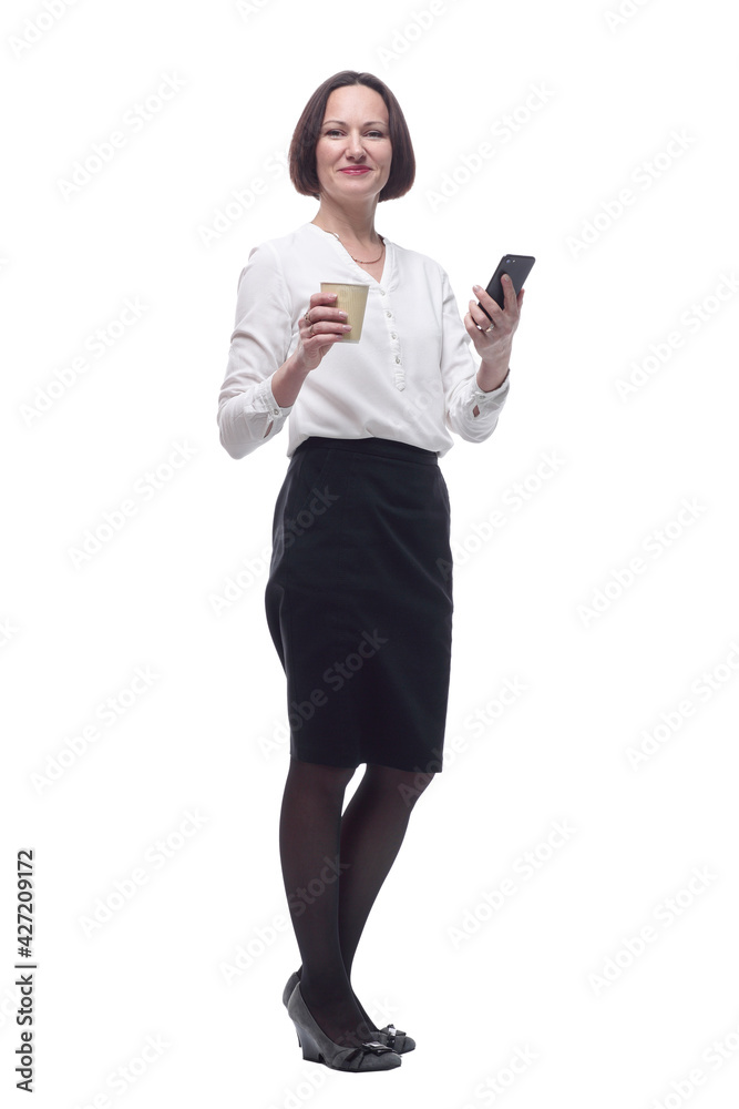 successful business woman with takeaway coffee. isolated on a white background.