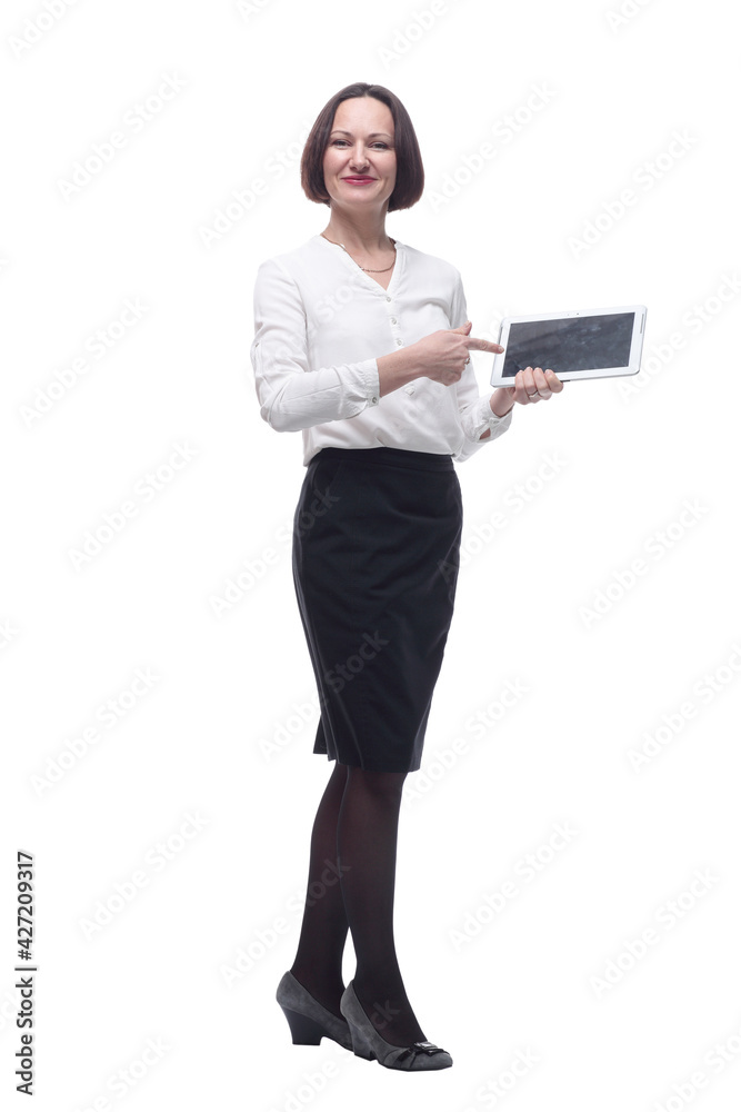 business woman with a digital tablet looking at you.