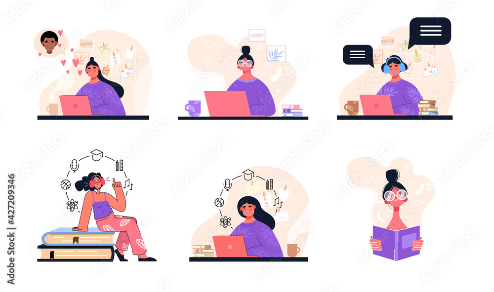 Lifestyle scene with a woman at remote work, online dating, a girl reading a book, online classes and others Lifestyle scene with a woman at remote work, online dating, a girl reading a book, online classes and others