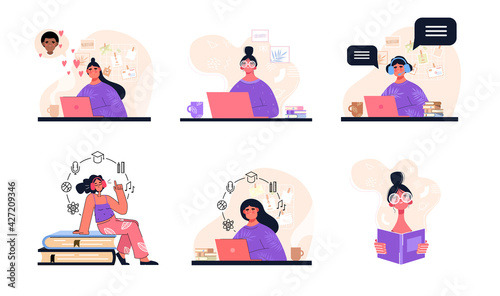 Wallpaper Mural Lifestyle scene with a woman at remote work, online dating, a girl reading a book, online classes and others Torontodigital.ca