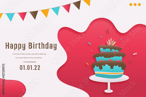 Discount shop online, Birthday sale banners with cake paper cut and papercraft style. Celebration Happy birthday sale voucher template.