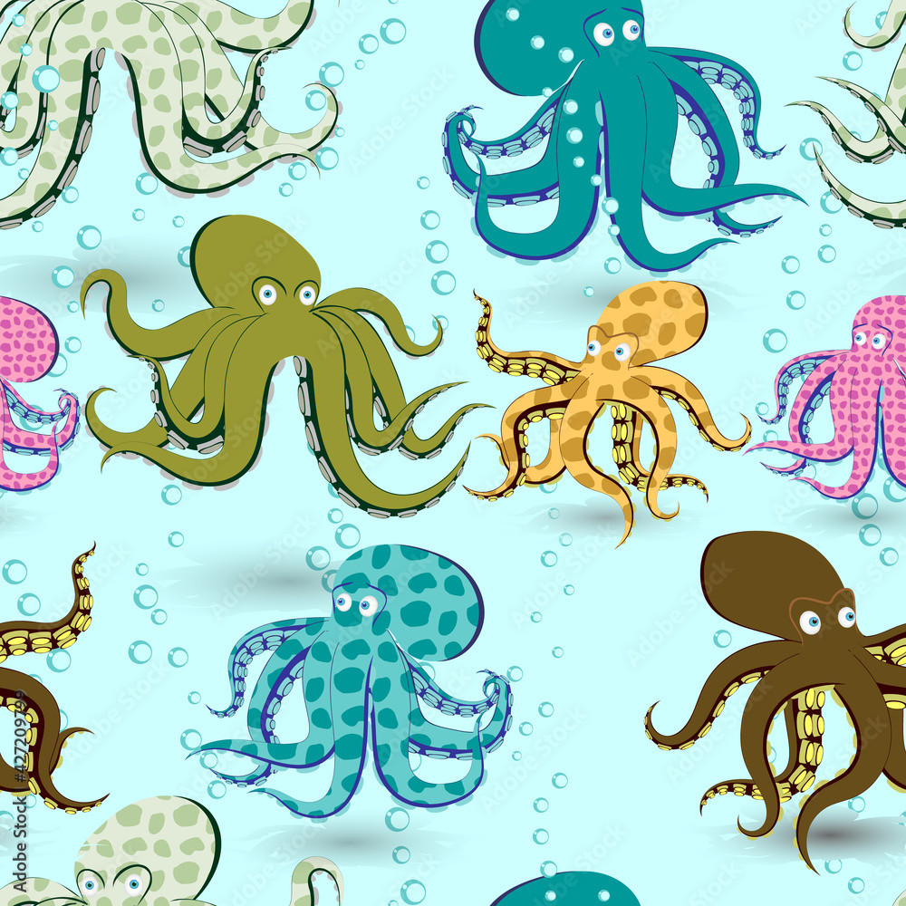 Obraz premium Octopuses seamless background. Oceanic cartoon pattern colored wallpaper.
