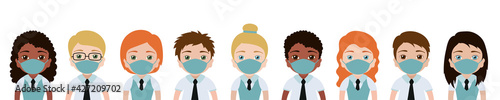 Children in medical mask. Vector boy and girl. Protect virus banner. Cartoon characters isolated on white background. People collection. Social distancing. Kids illustration