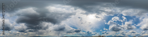 Sky panorama at noon with cumulus clouds and gulls in a seamless spherical equirectangular format as a full zenith for use in 3D graphics, game play, and aerial drone 360-degree panoramas to replace