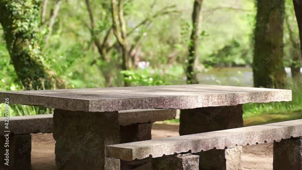 stone table in forest for picnic near the river , video hd footage stone table in forest for picnic near the river , video hd footage