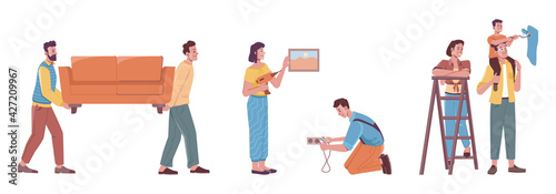 Repair services at home, flat cartoon people renovate interior design. Vector workers move sofa furniture, couple doing electricity works, parents and son painting wall. House apartment renovation