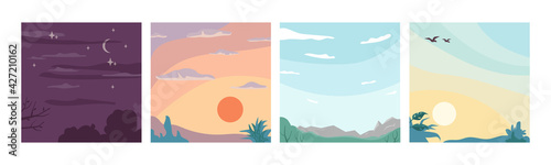 Sky landscape different times of day and night, flat cartoon backgrounds. Vector moons and star, sunrise and sunset, cloudless summer view of skyline with flying birds. Dreaming, inspiration concept