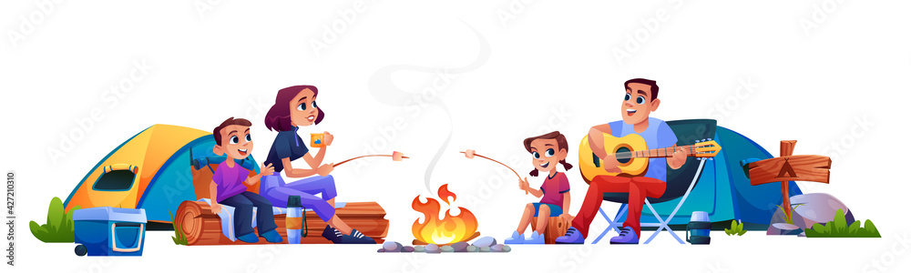 Happy family campers by fire resting with tents isolated. Vector parents and children people sitting at campfire together, marshmallows barbeque. Mother, father, son daughter have fun at weekend Happy family campers by fire resting with tents isolated. Vector parents and children people sitting at campfire together, marshmallows barbeque. Mother, father, son daughter have fun at weekend