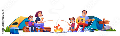 Happy family campers by fire resting with tents isolated. Vector parents and children people sitting at campfire together, marshmallows barbeque. Mother, father, son daughter have fun at weekend