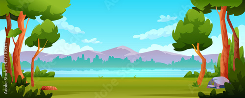 Landscape river bank, mountains beautiful scenery background. Vector trees and bushes in forest, green grass and stones, rocky hills and blue sky. Spring or summer backdrop, eco friendly environment