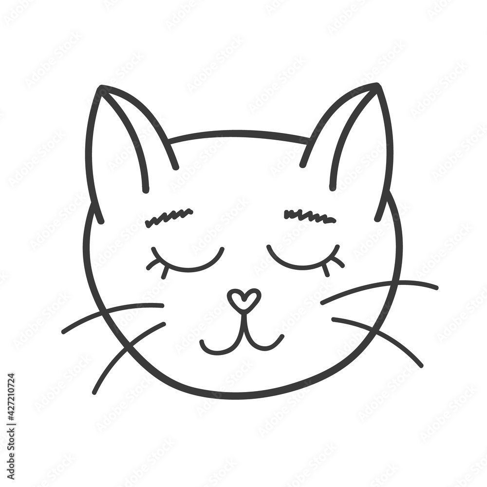 Funny and cute fluffy cat face close up with calm emotion. Trendy stylized clipart with hand drawn vector outline. Suitable for stickers, scrap elements, social media. Illustration isolated.