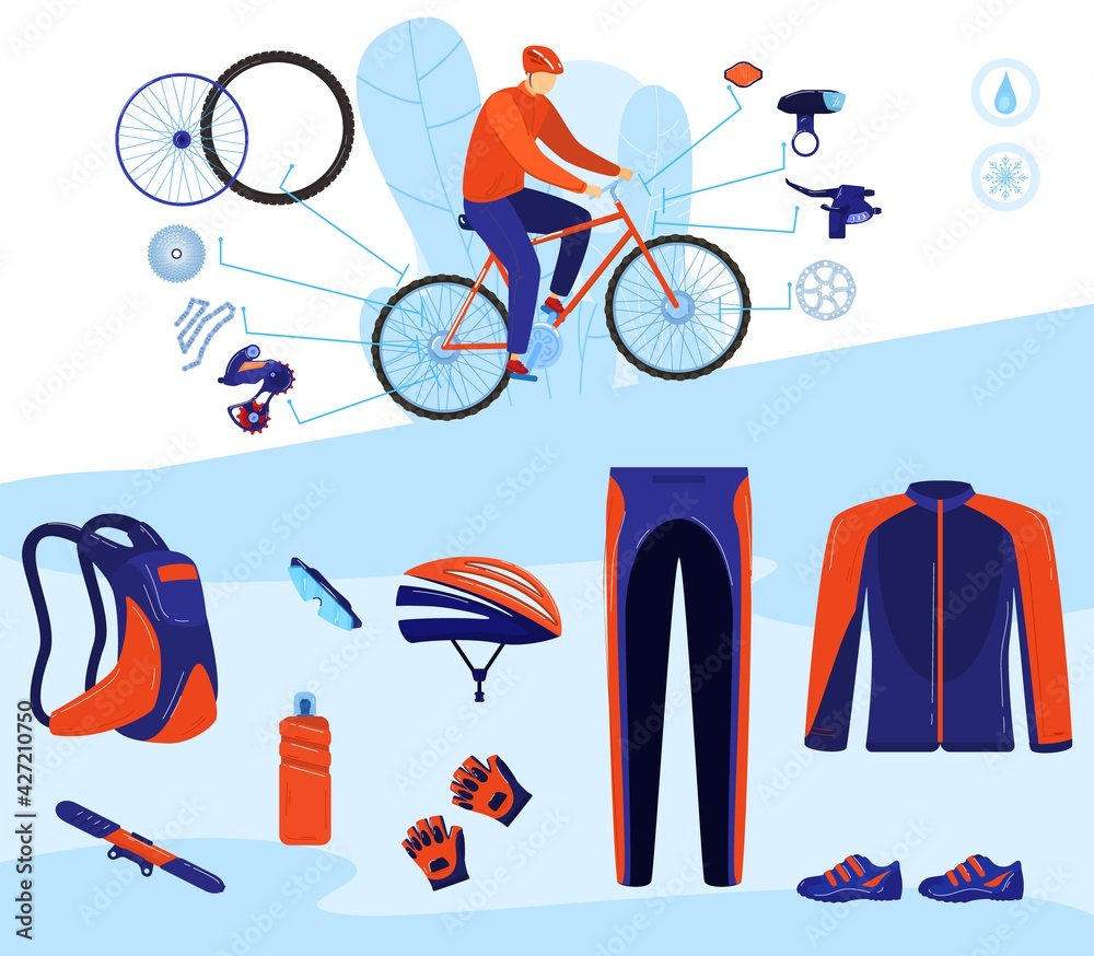 Clothes bike, winter outerwear, mens mockup, up racing shirt, short sleeve t-shirt, design, flat style vector illustration. Clothes bike, winter outerwear, mens mockup, up racing shirt, short sleeve t-shirt, design, flat style vector illustration.