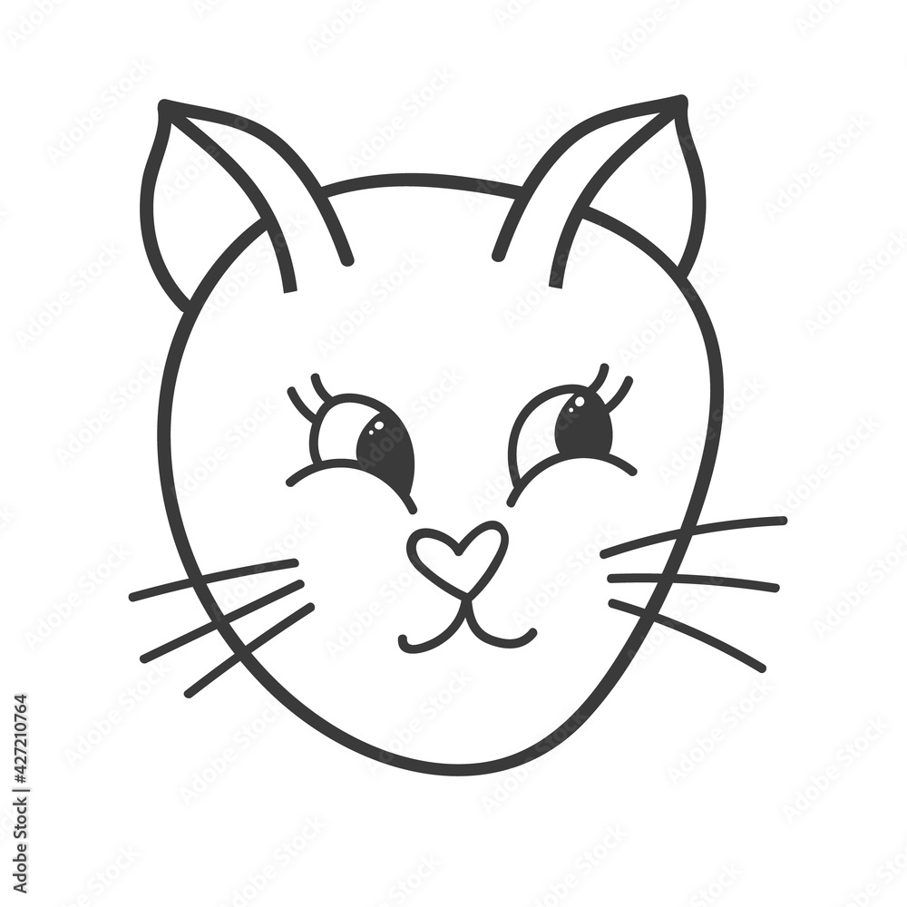 Funny and cute fluffy cat face close up with happy emotion. Trendy stylized clipart with hand drawn vector outline. Suitable for stickers, scrap elements, social media. Illustration isolated. Funny and cute fluffy cat face close up with happy emotion. Trendy stylized clipart with hand drawn vector outline. Suitable for stickers, scrap elements, social media. Illustration isolated.