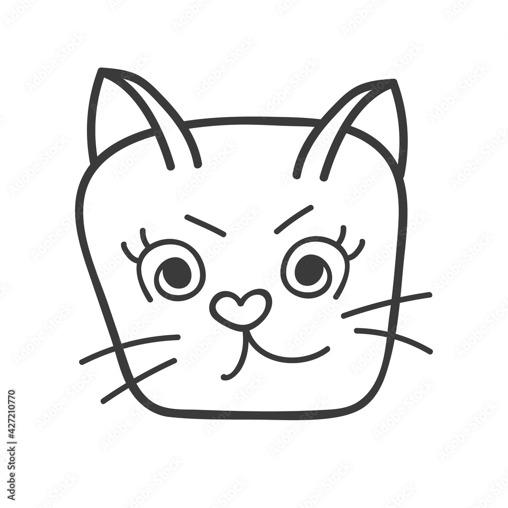 Funny and cute fluffy cat face close up with angry emotion. Trendy stylized clipart with hand drawn vector outline. Suitable for stickers, scrap elements, social media. Illustration isolated. Funny and cute fluffy cat face close up with angry emotion. Trendy stylized clipart with hand drawn vector outline. Suitable for stickers, scrap elements, social media. Illustration isolated.