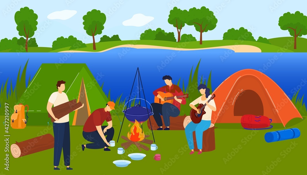 Camping tourism, tent adventure, outdoor summer camp, travel vacation, vacation backpack, design, flat style vector illustration.