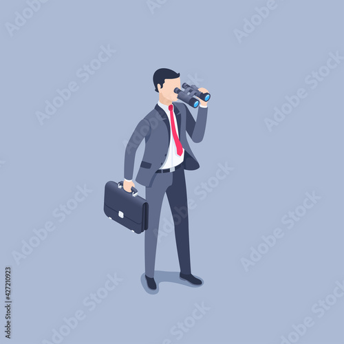 isometric vector illustration on a gray background, a man in a business suit with a briefcase looks through binoculars, long-range prospects and search for partners, business flair