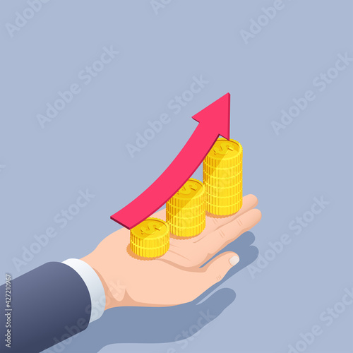 isometric vector illustration on gray background, the hand of a man in a business suit holds a chart of gold coins with a red arrow, increasing income and profits