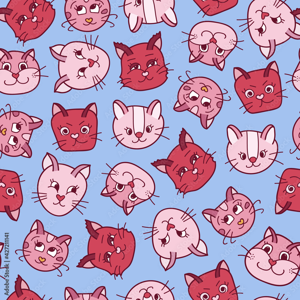 Obraz premium Cute vector seamless hand drawn pattern with cat’s faces close up with different emotions in blue and red colors. Can be used for the posters, wrapping paper, bedclothes, socks, towels, notebook.