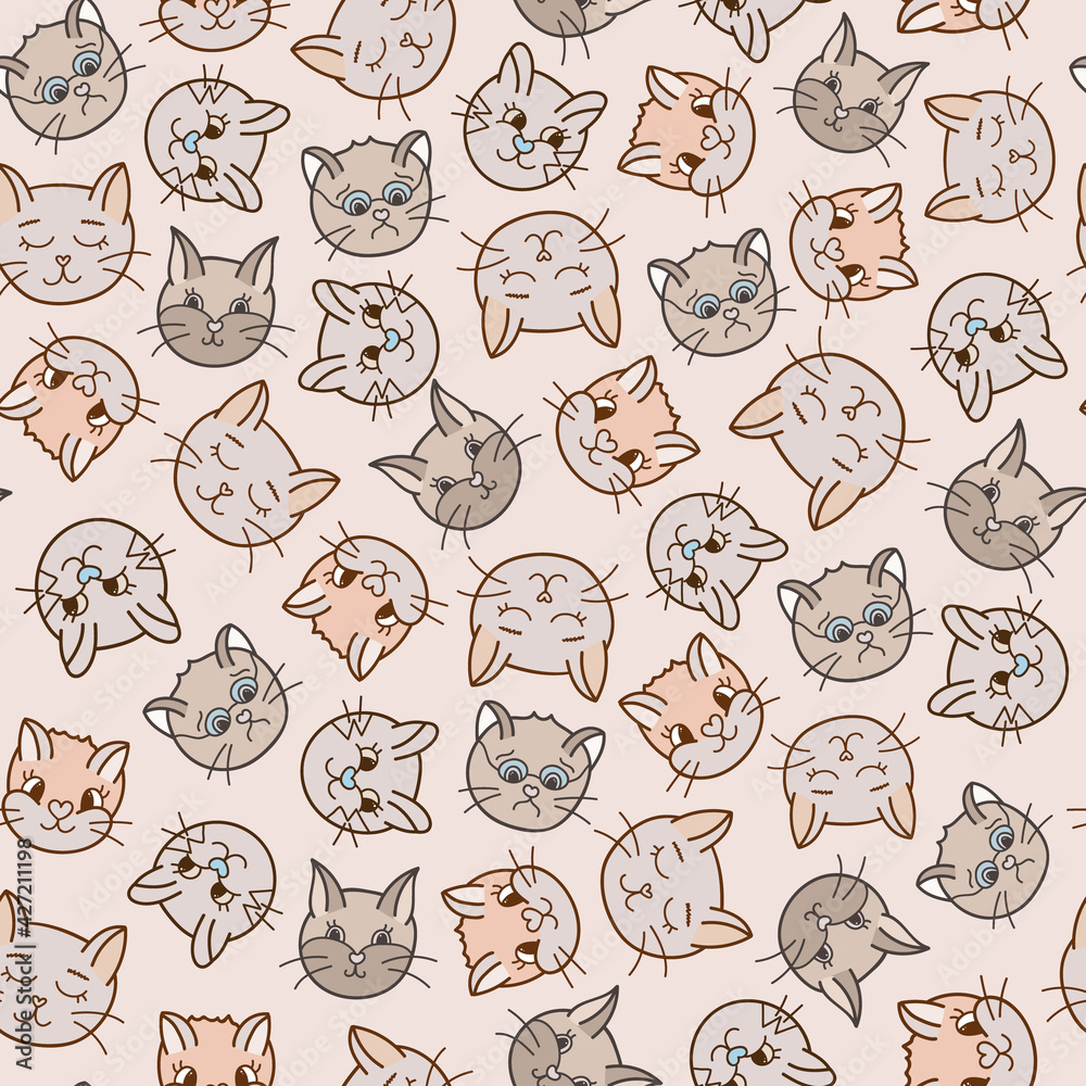 Cute vector seamless hand drawn pattern with cat’s faces close up with different emotions in beige colors. Can be used for the posters, wrapping paper, bedclothes, socks, towels, notebook, packages.