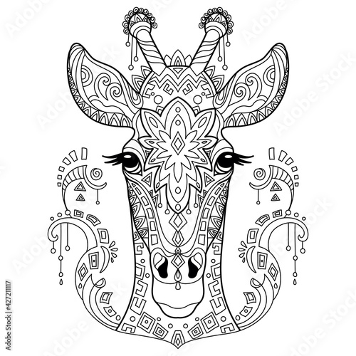Tangle giraffe coloring book page for adult
