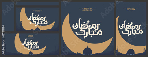 Social media set of Ramadan Mubarak greeting  in Arabic lettering (English: Blessed Ramadan year 1442 Hijri) with city skyline, hilal, mosque's dome and towers. 