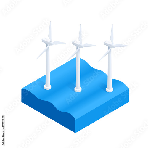 isometric vector illustration isolated on white background, wind power generators in the ocean, green energy