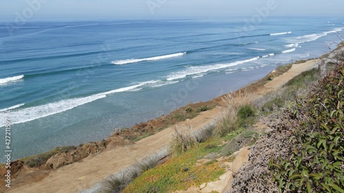 Seascape vista point  viewpoint in Del Mar near Torrey Pines  California coast USA. Frome above panoramic ocean tide  blue sea waves  steep eroded cliff. Coastline overlook  shoreline high angle view