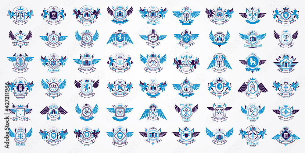 Fototapeta premium Vintage heraldic emblems vector big set, antique heraldry symbolic badges and awards collection, classic style design elements, family emblems.