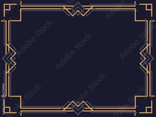 Art deco frame. Vintage linear border. Design a template for invitations, leaflets and greeting cards. Geometric golden frame. The style of the 1920s - 1930s. Vector illustration