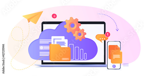 Database with cloud server, Data set, process, classification, database, data analytic and evaluation. Data Center concept based.  Design vector illustration.