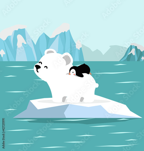 Cute penguins sleeping with polar bears  at North pole Arctic
