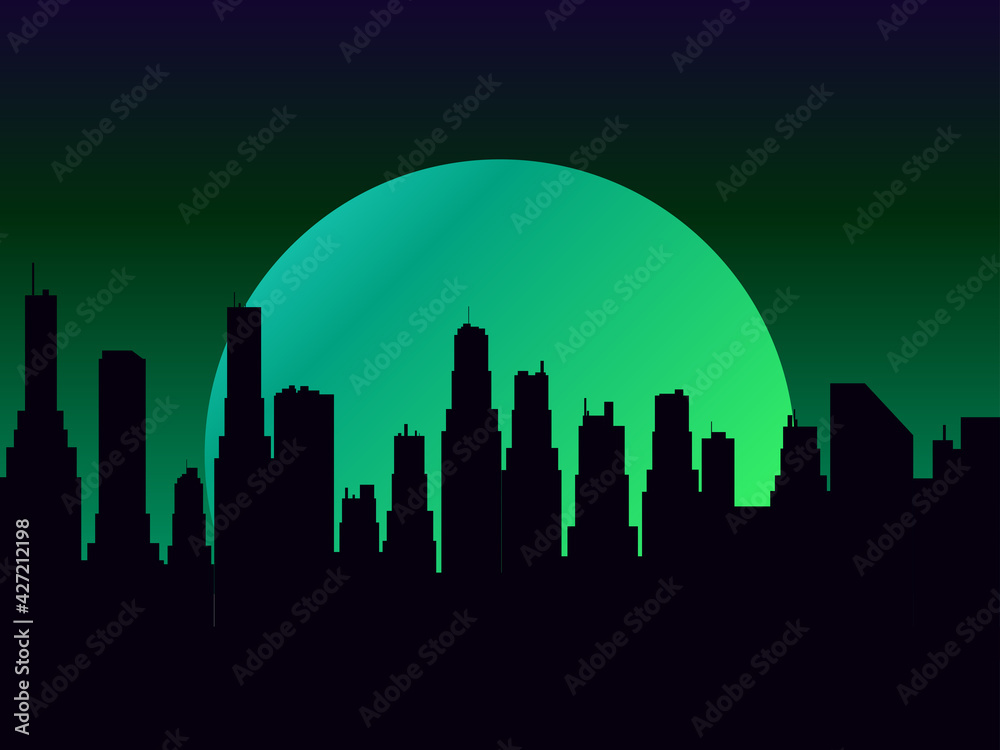 Night cityscape with skyscrapers and a full moon. Mystical moon green color night city view in flat style. Outline of skyscrapers, panorama of the city. Vector illustration