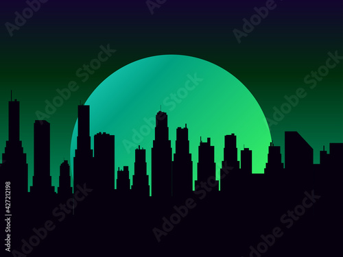 Night cityscape with skyscrapers and a full moon. Mystical moon green color night city view in flat style. Outline of skyscrapers, panorama of the city. Vector illustration