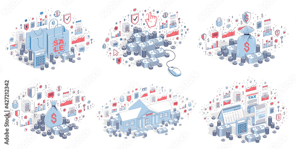 Fototapeta premium Business and finance concepts 3D vector illustrations set isolated on white background, money theme conceptual design collection, savings, bank, contract, income, safety, online.