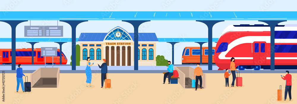 City train, travel station, passenger building, railway transport, public railroad, design, flat style vector illustration.
