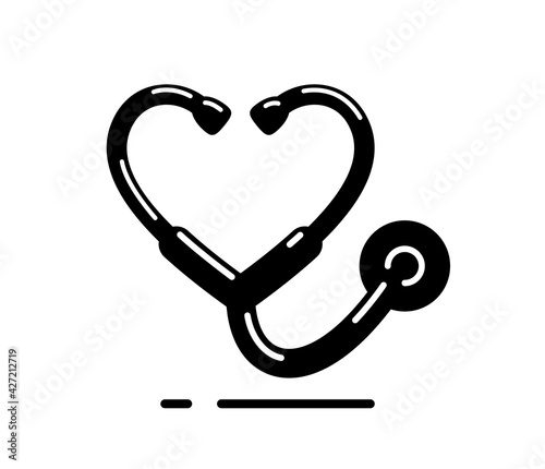 Heart shaped stethoscope vector simple icon isolated over white background, cardiology theme illustration or logo.