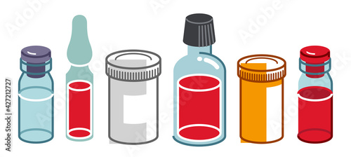 Set of medical bottles and vials vector flat style illustration isolated over white, meds drugstore concept, apothecary prescription medicament flagons and ampules.