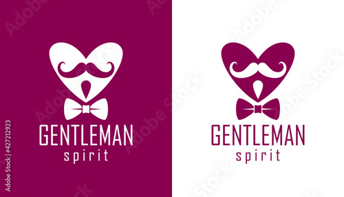 Gentleman heart vector icon or logo, heart shape with tie mustache and glasses symbol, man club, male hipster style and fashion.