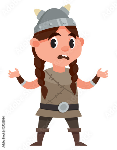 Standing viking child. Cute character in cartoon style.