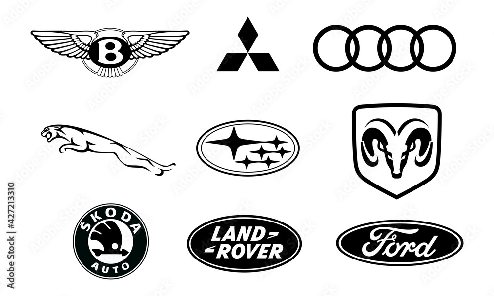 Set logo of popular brands of cars, collection of car emblems. Top automotive industry leaders