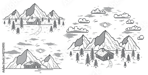 Cabin in mountains linear vector nature illustration isolated on white, log cabin cottage for rest in pine forest, holidays and vacations theme line art drawing.