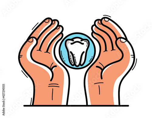 Two hands with tooth protecting and showing care vector flat style illustration isolated on white, cherish and defense for teeth health concept.